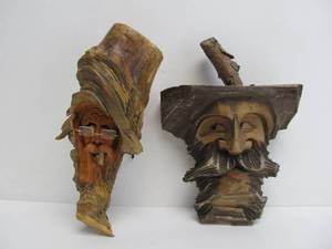 lot 63 image: 2 Vintage Hand Carved Folk Ark Face Carvings