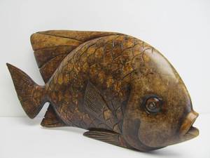 lot 64 image: LARGE Hand Carved Wooden Fish Sculpture