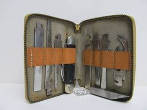 lot 83 image: Complete Old Vintage UTICA Cutlery Quick Change Folding Knife Multi Tool Set wLeather Case