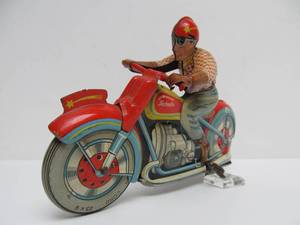 lot 123 image: Awesome Old Vintage Germany Technofix Tin Litho Key-Wind Motorcycle Toy
