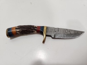 lot 227 image: Very Nice Custom Made Fixed Blade Knife wStag Antler Handle & Damascus Steel Blade