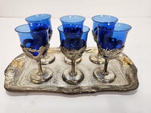 lot 309 image: Complete Set of 6 Vintage 1950s Japanese Chrome & Cobalt Blue Cordial Glass Set wTray