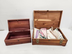 lot 332 image: 2 Vintage Cedar Wood Boxes Full of Vintage Linens & Crocheted Items