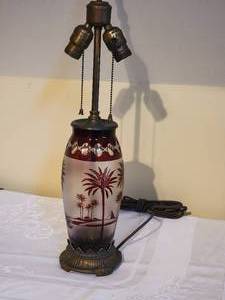 lot 211 image: Antique Bohemian Ruby Cut to Clear Egyptian Motif Table Lamp