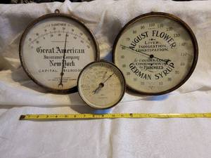 lot 249 image: Antique Wall Thermometers and Barometer  lot of 3