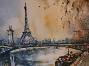 lot 36 image: Enchanting Original Fine Art Watercolor - Girard - Le Tour Eiffel au pour Alexander III