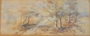 lot 40 image: Early 1900s Miniature Original Fine Art Watercolor Landscape - Tinser - Frosty Lane