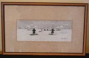 lot 199 image: Majestic Fine Art Inuit Charcoal Print - George Ahgupuk - Spear Hunting
