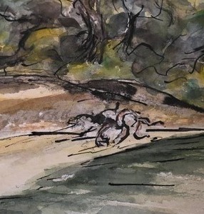 lot 34 image: Fantastic Original Fine Art Watercolor on Sketchbook Paper - Manuel de la Garza - Perros en el Campo