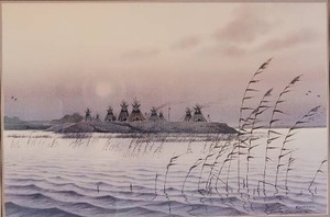 lot 47 image: Mystical Indigenous Fine Art Print - Jerry Raedeke - Tipis at Twilight