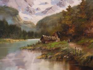lot 83 image: Mystic Original Fine Art Oil Landscape - Signed - Alpine Cottage