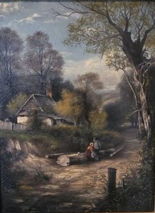 lot 85 image: Antique Petite Original Fine Art Oil Painting - Roadside Cottage