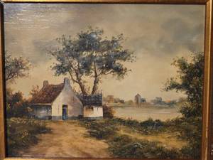 lot 89 image: Warm Original Antique Fine Art Oil Landscape - Lakeside Cottage
