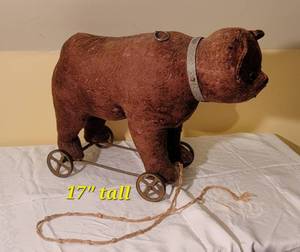 lot 5 image: Antique German Mohair Bear Riding Pull Toy