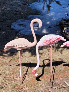 lot 16B image: Vintage 60s Metal Flamingos Garden Statues, flock of 4
