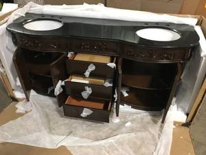 Home Decorators Collection  Chelsea 72 in. W Double Bath Vanity in Antique Cherry with Granite Vanity Top in Black Customer returns Review all pictures