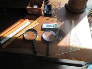 lot 286 image: Shoebox storage tote with rulers, m...