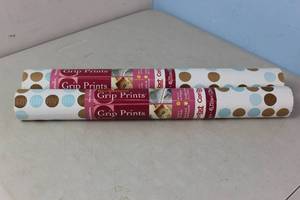 lot 61 image: NEW - 2 ROLLS Con-Tact 04F-C7HT4-06 Shelf Liner Grip Prints 4 ft. L X 18 W BlueBrown Polka Dots Non-Adhesive BlueBrown 790444018579 MSRP $14.98
