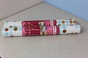 lot 63 image: NEW - 2 ROLLS Con-Tact 04F-C7HT4-06 Shelf Liner Grip Prints 4 ft. L X 18 W BlueBrown Polka Dots Non-Adhesive BlueBrown790444018579 MSRP $14.98