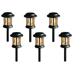 lot 14 image: NEW - Hampton Bay Solar Black Outdoor Integrated LED 3000K 12-Lumens Vintage Bulb Seedy Glass Landscape Pathway Light Set (6-Pack) 842674048359 MSRP $74.97