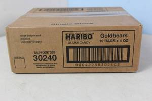 lot 288 image: Sealed Case of Haribo Gummi Candy 12 Bags x 4oz Best Before 32023