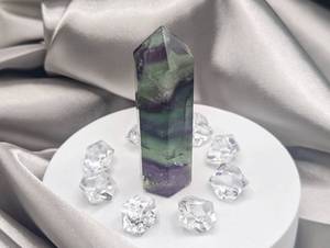 lot 609 image: NEW - 2 14 6 Point Flourite Tower (Example Pictured - Stone May Have Slight Variations)