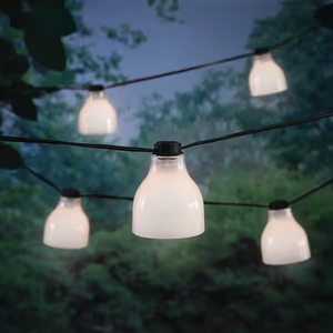 lot 125 image: NEW - Hampton Bay OutdoorIndoor 10.6 ft. Plug-In Type G Bulb String Light with 8 White Glass Shades 736916704625 MSRP $34.97