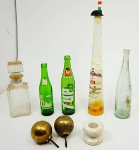 lot 25 image: Vintage Glass Bottle Collection(5), 3 Round Brass Style Finial(2) Etc.