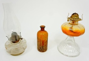 lot 26 image: (2) Vintage Hurricane Lamps (1) Brown Bottle