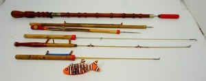 lot 48 image: Vintage Ice Fishing Giggle Sticks, Ice Rods and Handmade 5-Inch Wood Decoy