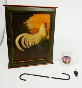 lot 49 image: Wall Mount Rooster Display Cupboard, LockKey Etc.