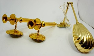 lot 56 image: Made In India Folding Lamp and 2 Wall Hanging Candle Stick Holders...