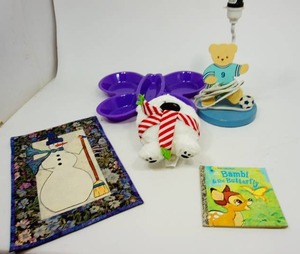 lot 59 image: Bambi Book, Teddy Bear Sports Lamp, Stuffed Animal, Butterfly Dish...