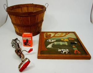 lot 131 image: Wooden Basket, Vintage Hand Mixer, Vintage Childrens Puzzle, Small Wheaties Box