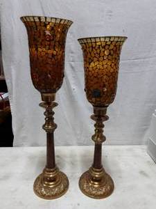 lot 9 image: Pair Of Mosaic Glass Candle Holders 24, 22