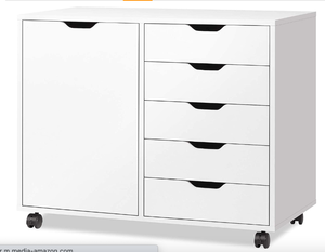 lot 327 image: DEVAISE 5-Drawer Wood Dresser Chest with Door, Mobile Storage Cabinet, Printer Stand for Home Office (OPEN BOX)