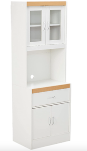 lot 331 image: Hodedah Long Standing Kitchen Cabinet with Top & Bottom Enclosed Cabinet Space, One Drawer, Large Open Space for Microwave, White (OPEN BOX)