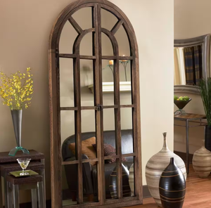 lot 340 image: 31.5 in. W x 71 in. H Oversize Classic Arched Solid Wood Framed Brown Floor Mirror (SLIGHT DAMAGED WHERE ARCH BEGINS, SEE PHOTO)