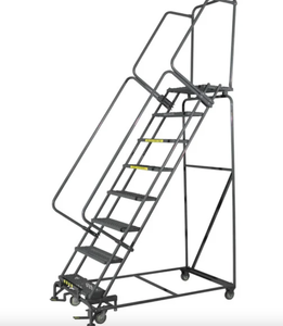 lot 367 image: 10-Step Gray Steel Rolling Ladder - SOLD AS IS, NEEDS TO BE ASSEMBLED