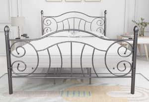 lot 342 image: Elegant Home Products Metal Bed Frame Victorian Vintage Style Platform Foundation Headboard Footboard Heavy Duty Steel Slabs Charcoal Finish (Gray Silver, Queen)