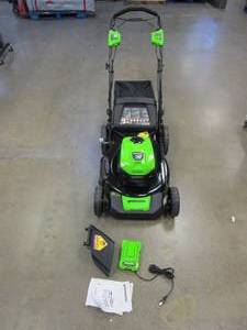 lot 359 image: Greenworks 40V Brushless Self-Propelled Lawn Mower, 21-Inch Electric Lawn Mower, 5.0Ah Battery and Charger Included (NEW CONDITION, MISSING 1 WING NUT)