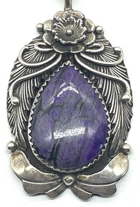 lot 22 image: Peterson-Johnson Navajo Sterling Silver Necklace with Chariote Purple Stone Pendant