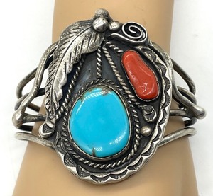 lot 63 image: Samson Key Navajo Red Coral and Turquoise Accented Bracelet