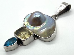 lot 37 image: Vintage Charles Albert Bubble Pearl, Blue Topaz and Yellow Topaz Sterling Silver Pendant