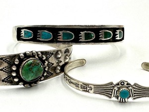 lot 81 image: Three Vintage Southwestern Style Sterling and Turquoise Bracelets