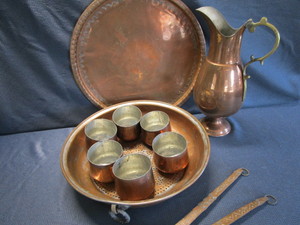 Copper Sieve, Tray, Pitcher
