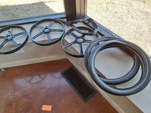 lot 19T image: (3) Mag Style Bike Rims and (3) GoCycle Bike Tires