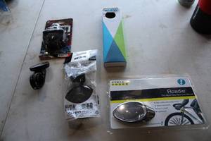 lot 489 image: Lot of (5) Bike Accessories - Ego Sport Cam, Roadie Road Bike Bar End Mirror, MSW Selfie Helmet Mirror, Clamp Mirrors