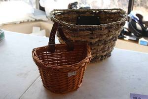 lot 608 image: Lot of (2) Bicycle Baskets - Powstro Wicker Front Handlebasket with Leather Straps, Sunlite Rope Color Basket