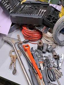 lot 1767 image: Lot of  Misc. Hand Tools - Drill Bit Set, Talan Wrench, Tire Iron, Wrenches, Sockets, Pliers, Chisel, Long Screwdriver and more
